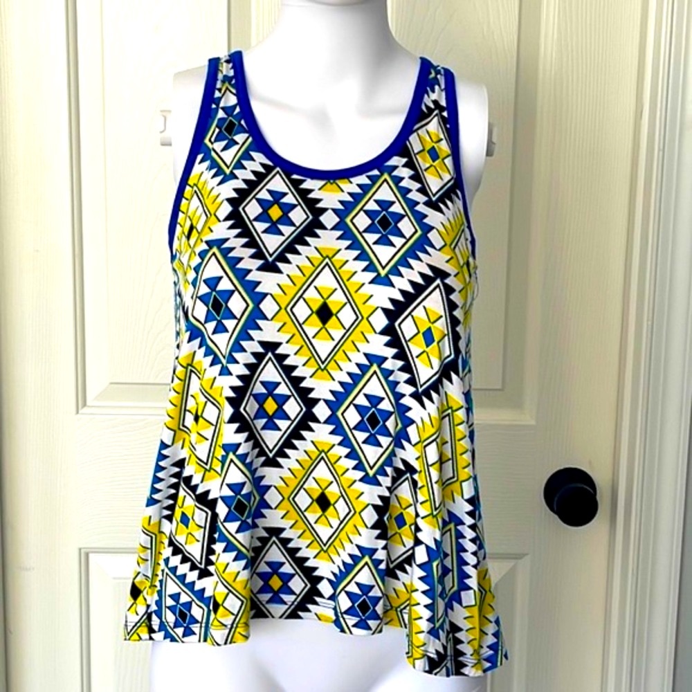 Rosebud Aztec Print Sheer Back Flowy Tank Bright Yellow and Electric Blue -Small